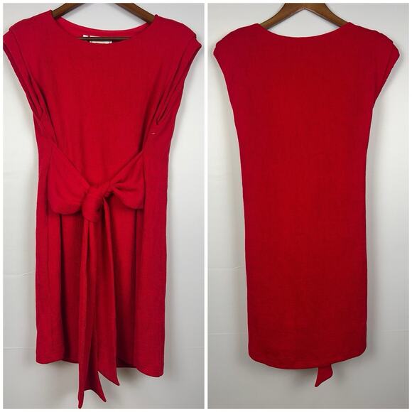 Emily McCarthy Bateau Neckline Waist bow ties Padded Shoulders Red Dress Sz XS - Picture 8 of 11